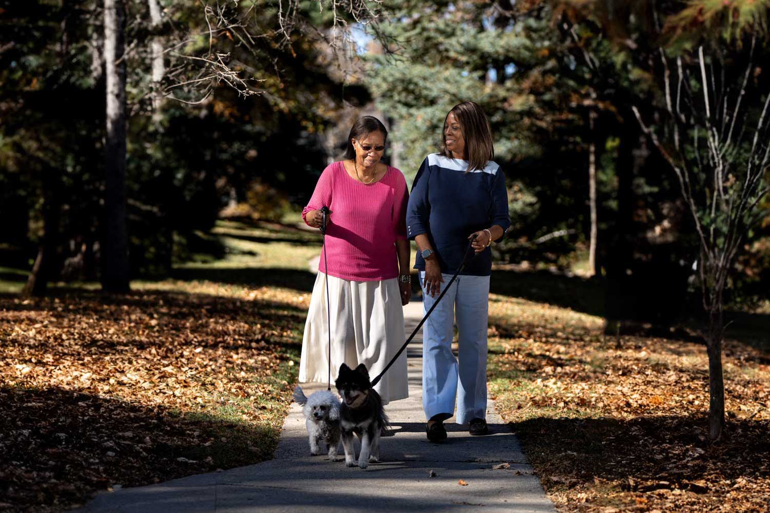 two women walking a dog through the park